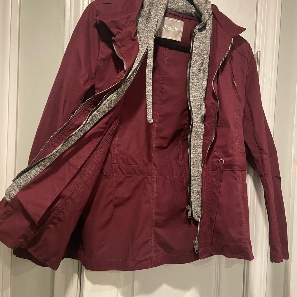 2Sable Size S Burgundy Full Zip Utility Jacket Drawstring Waist Gray Hood Anorak - Picture 2 of 13